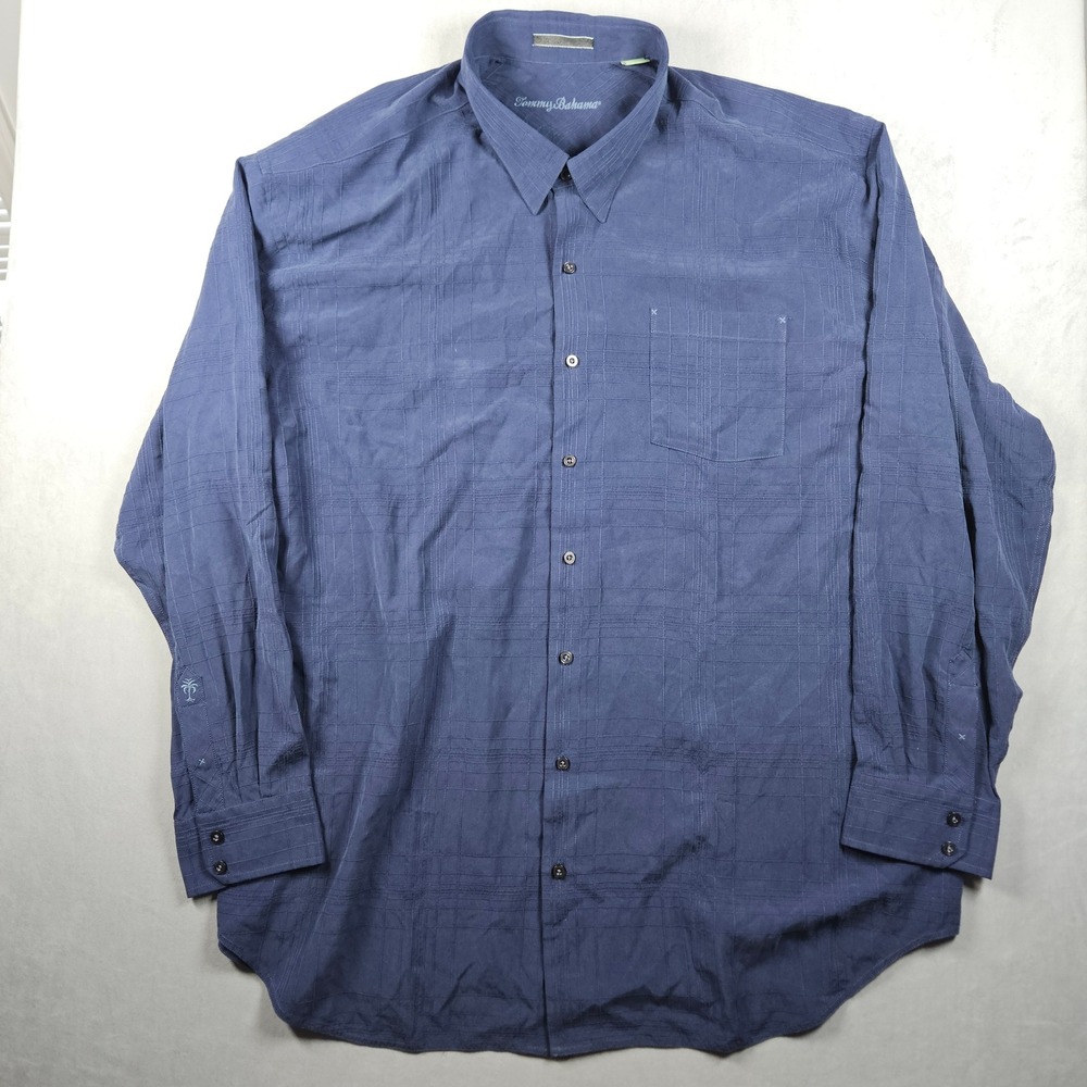 Tommy Bahama Silk Shirt Mens 3XT Blue Button Up Textured Grid Pocket Beach - Picture 2 of 9